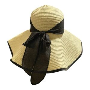 Classy Black and Cream Floppy Brim Hat with Bow and Chin Strap